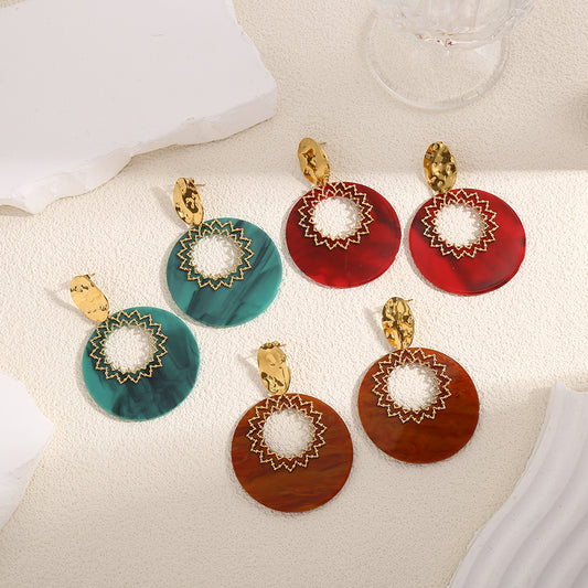 Boucles d'Oreilles Dorées Disques Turquoises avec Motifs