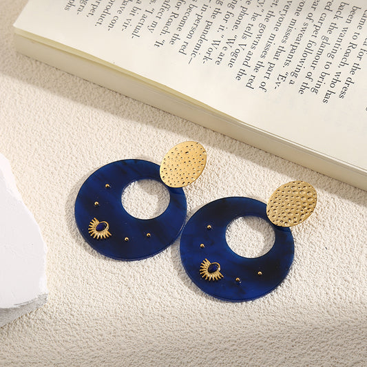 Boucles d'Oreilles Dorées Pendantes Disques Bleus Nuits
