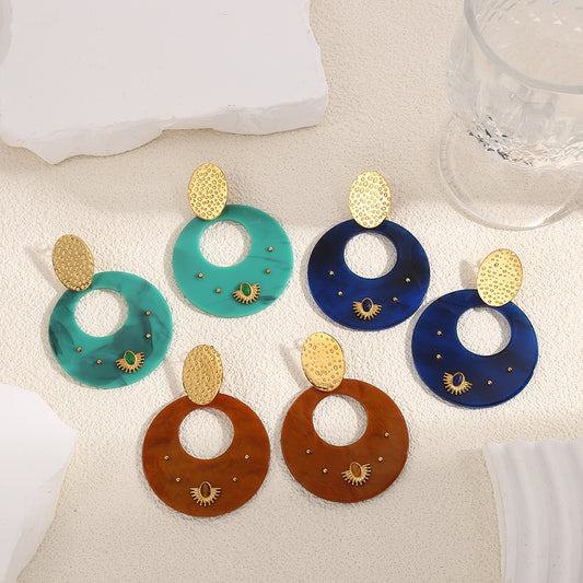 Boucles d'Oreilles Dorées Pendantes Disques Bleus Nuits