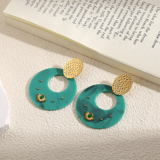 Boucles d'Oreilles Dorées Pendantes Disques Turquoises