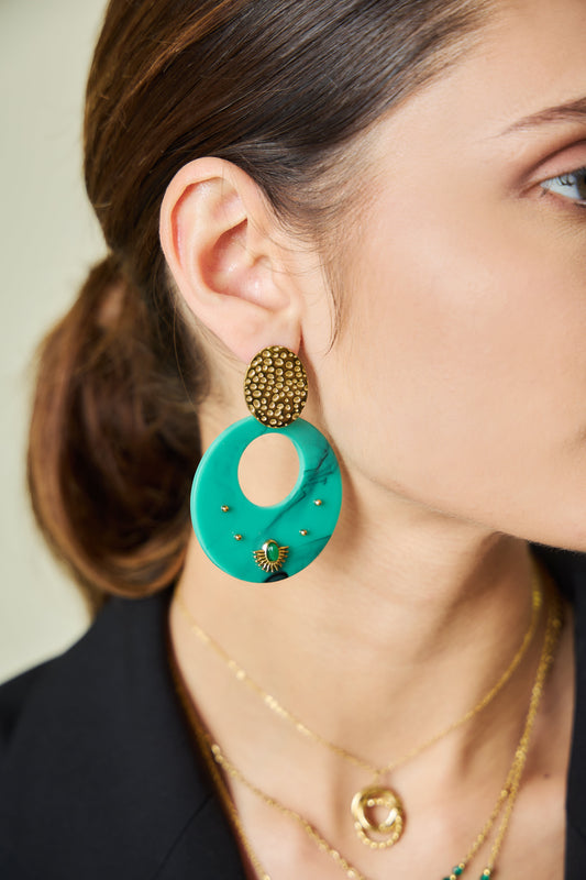 Boucles d'Oreilles Dorées Pendantes Disques Turquoises