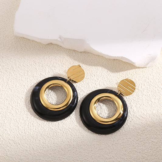 Boucles d'Oreilles Dorées Pendantes Cercle avec Résine Noir