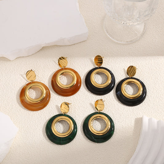 Boucles d'Oreilles Dorées Pendantes Cercle avec Résine Noir