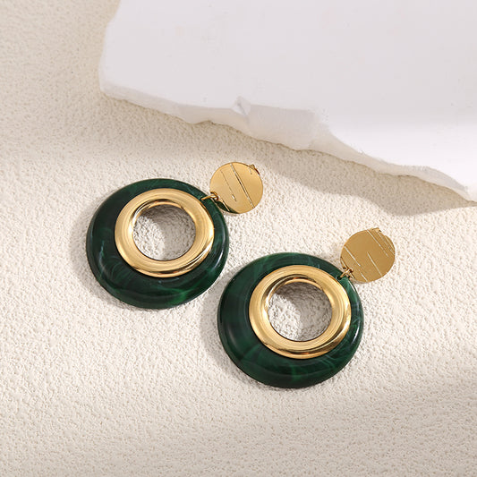 Boucles d'Oreilles Dorées Pendantes Cercle avec Résine Vert