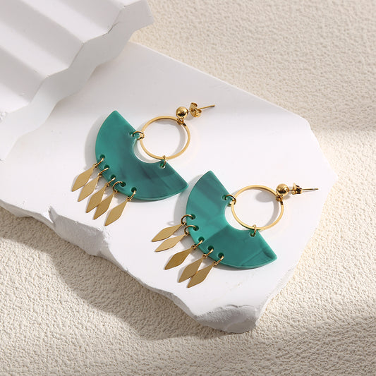 Boucles d'Oreilles Dorées Demi-Disques Turquoise Avec Losanges Dorées