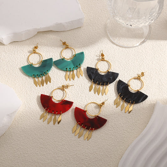 Boucles d'Oreilles Dorées Demi-Disques Turquoise Avec Losanges Dorées