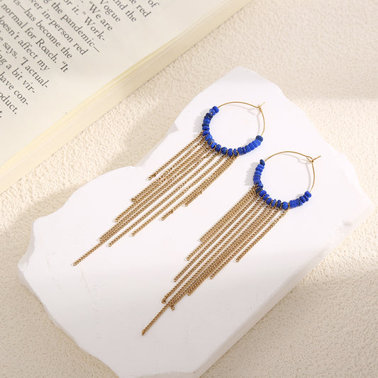 Boucles d'Oreilles Dorées Créoles Fines Pierres Bleues Avec Chaînes Pendantes