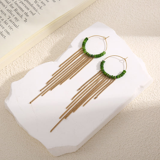 Boucles d'Oreilles Dorées Créoles Fines Pierres Vertes Avec Chaînes Pendantes