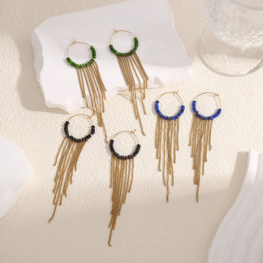 Boucles d'Oreilles Dorées Créoles Fines Pierres Noires Avec Chaînes Pendantes