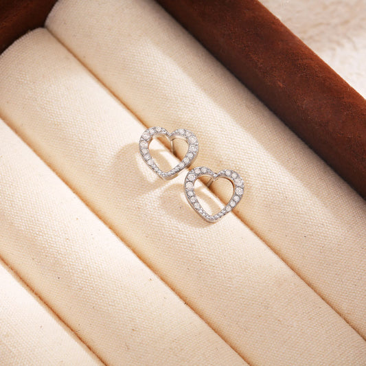 Clous d'Oreilles Argentés Cœur Strassé Ajouré