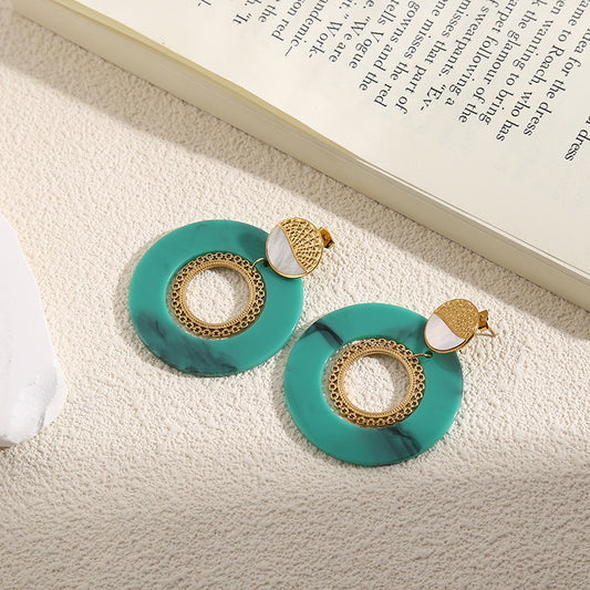 Boucles d'Oreilles Dorées Disques Turquoise Avec Anneaux