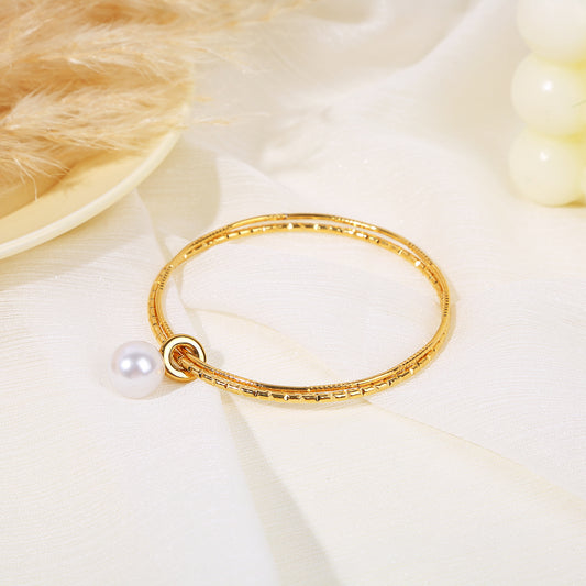 Bracelet Jonc Rigide Gravé Doré Avec Pendentif Perle Blanche