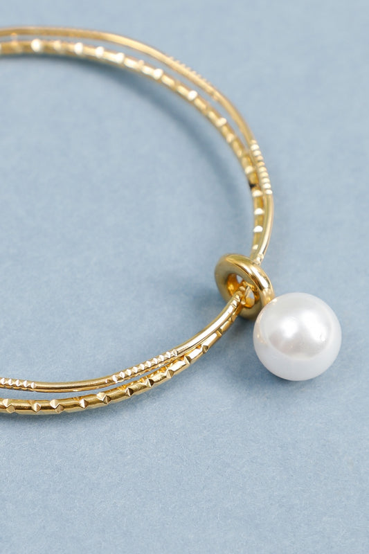 Bracelet Jonc Rigide Gravé Doré Avec Pendentif Perle Blanche