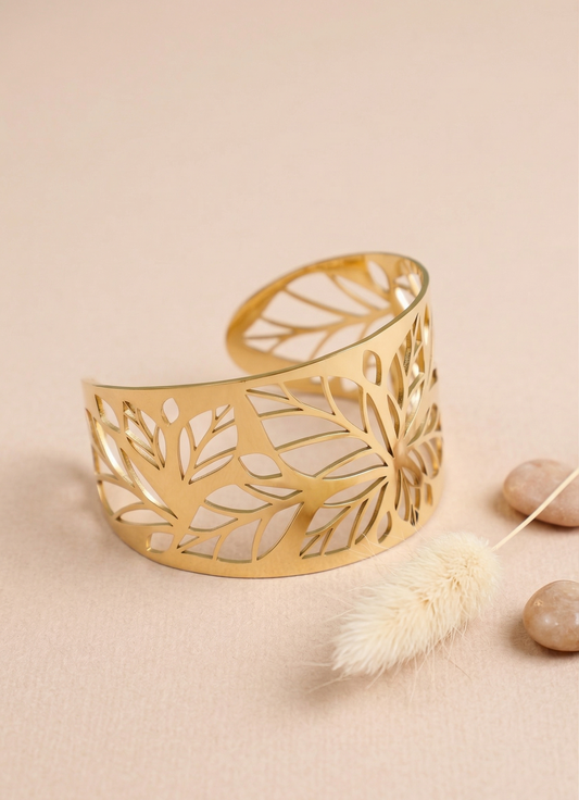 Bracelet Manchette Doré Motif Feuillage Ajouré