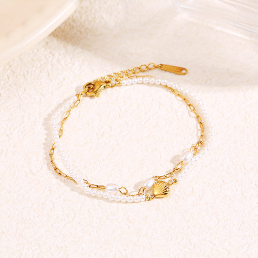 Bracelet double chaîne perle avec coquillage