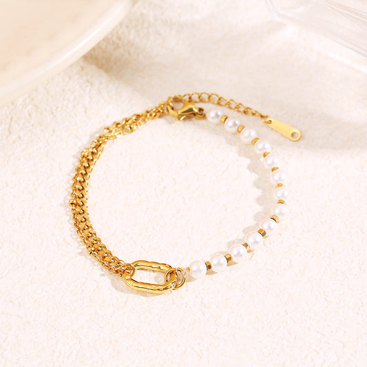 Bracelet mi chaîne forçat plate à maillons sérrés mi rang perles avec maillons intercalés reliées par grand maillon ovale