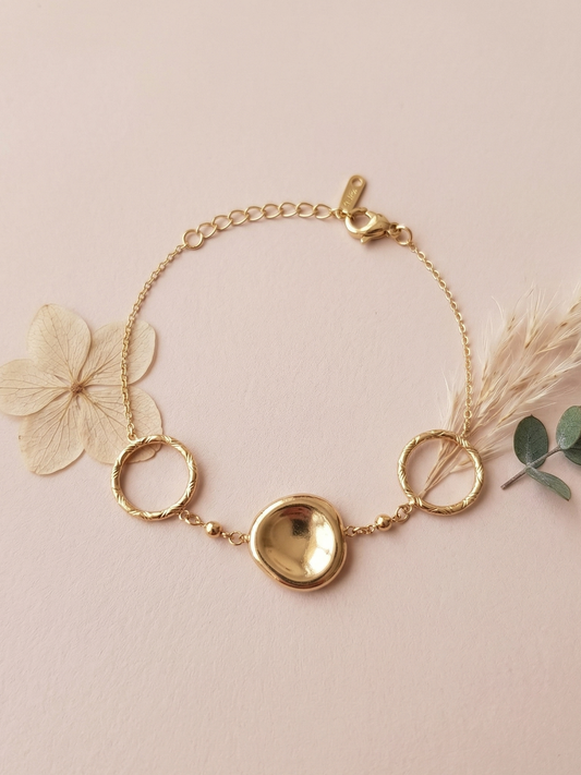 Bracelet chaîne fine avec deux anneaux et pastille centrale finition miroir