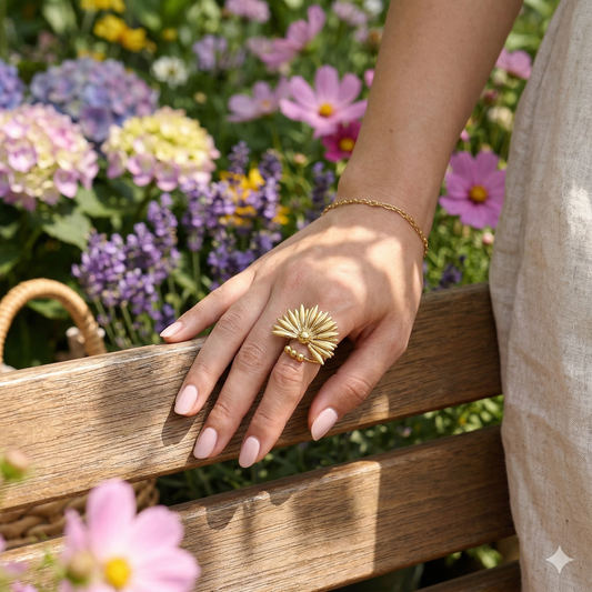Bague ajustable à deux anneaux avec demi marguerite et trois billes