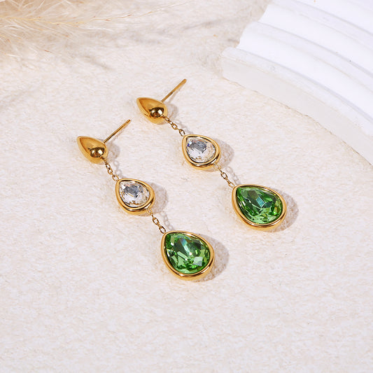 Boucles d'oreilles pendantes dorées serties de 3 gouttes en verre blanches et vertes