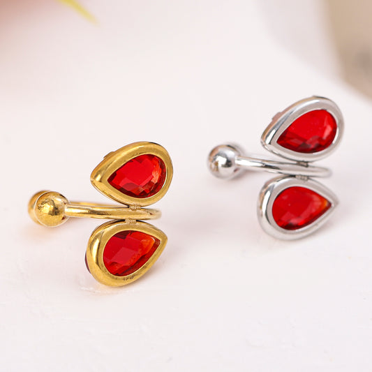Earcuff bague d'oreille avec deux strass rouges en forme de goutte