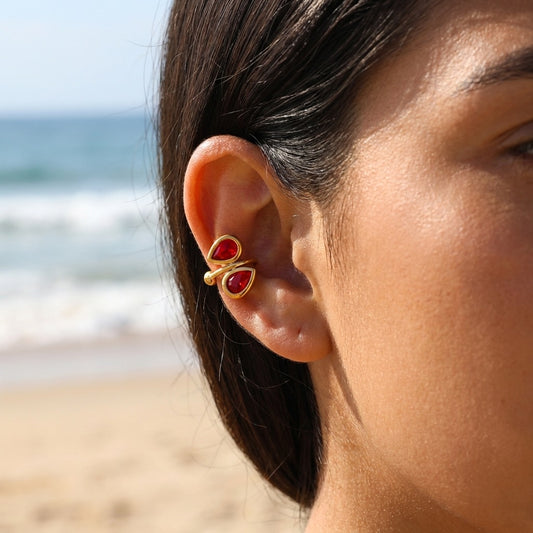 Earcuff bague d'oreille avec deux strass rouges en forme de goutte