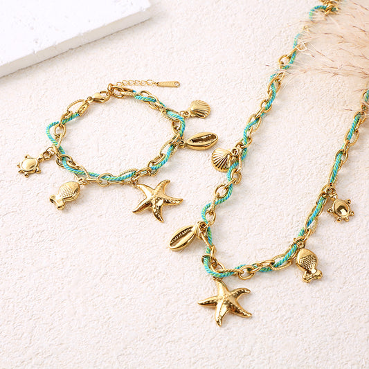 Bracelet chaîne dorée cordon turquoise charms marin