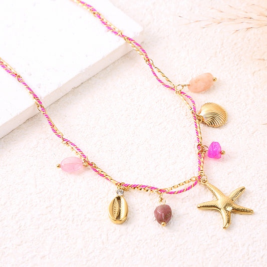 Collier chaîne dorée cordon rose charms étoile de mer et pierre rose