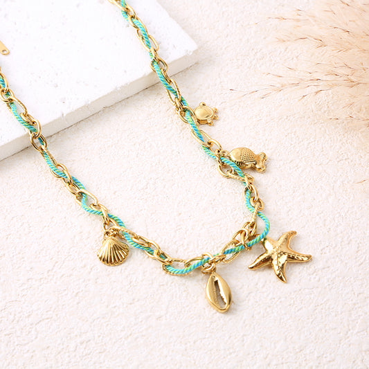 Collier chaîne dorée cordon turquoise charms charms marin