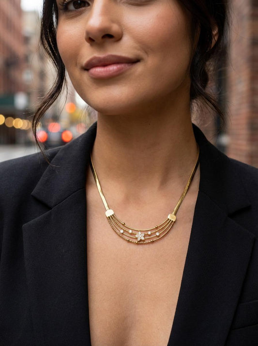 Collier doré chaîne serpent plat demi cercle rigide à quatre rangs ornés de strass et perles lisses