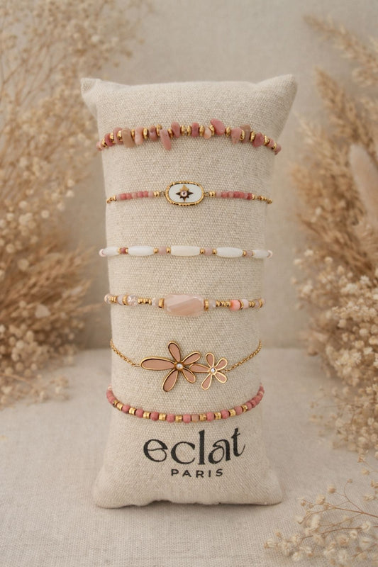Lot de 6 bracelets dorés nuances de rose sur coussin