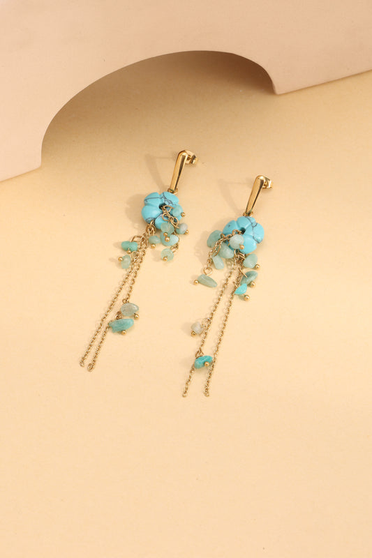 Boucles d'Oreilles Pendantes Dorées Fleur Turquoise Et Chaînes Fines Avec Pierres Naturelles