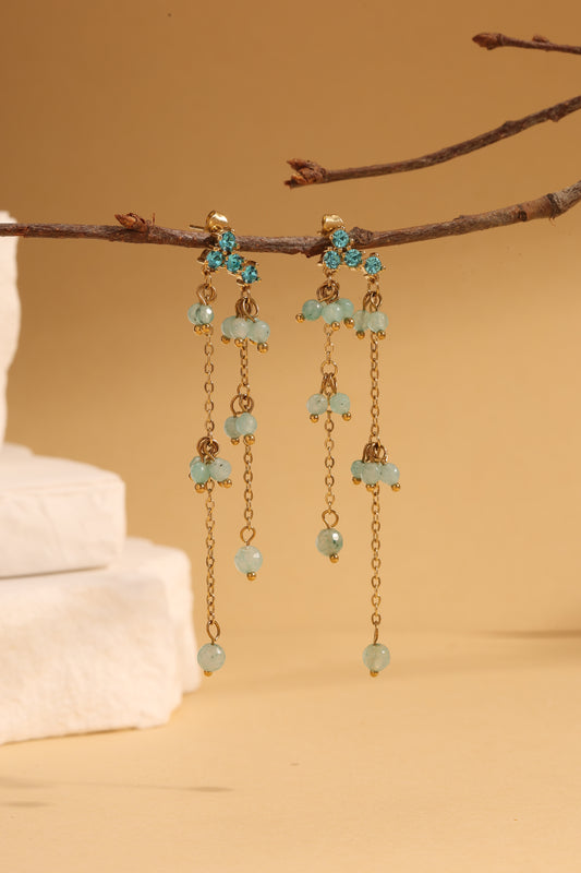 Boucles d'Oreilles Pendantes Dorées Avec Strass Pierres Turquoises Et Chaînes Fines