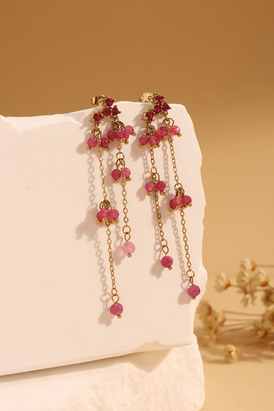 Boucles d'Oreilles Pendantes Dorées Avec Strass Pierres Roses Et Chaînes Fines