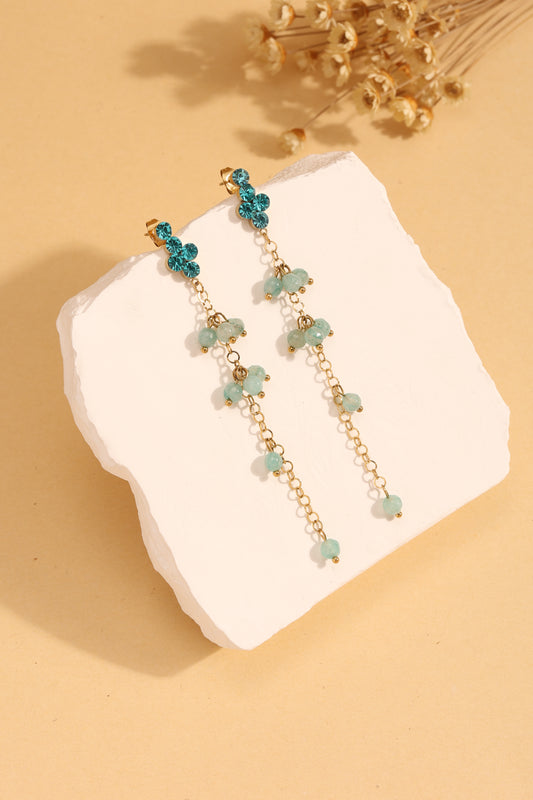 Boucles d'Oreilles Pendantes Dorées Avec Strass Turquoise Et Chaînes Fines Ornées De Perles Naturelles