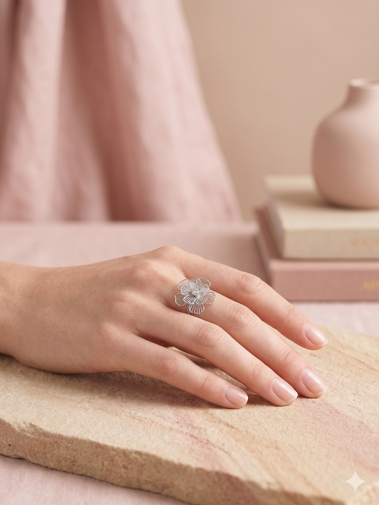 Bague Fine Argentée Fleur Ajourée Strass Central