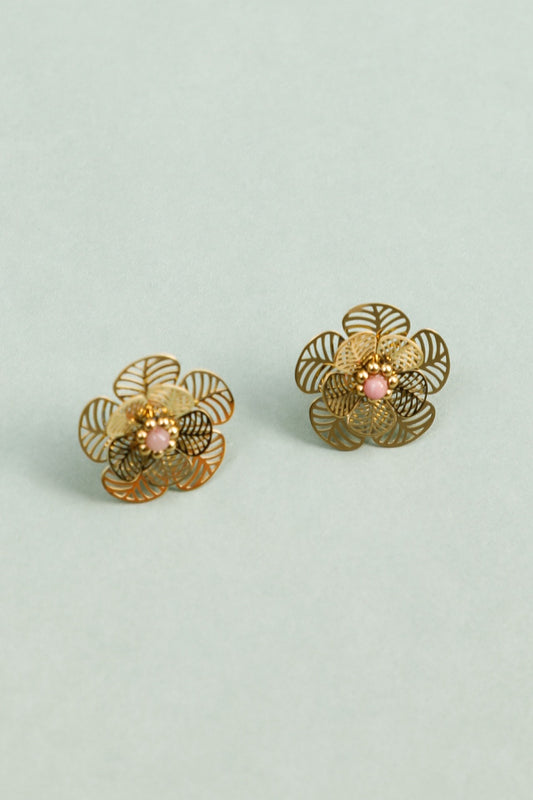 Boucles d'Oreilles Dorées Pétales de Fleurs Ajourées et Pierre Rose