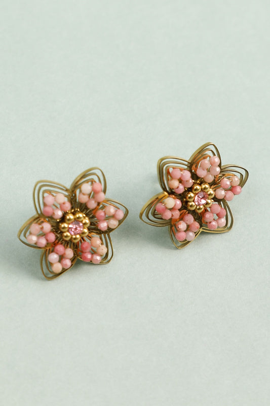 Boucles d'Oreilles Dorées Fleurs Ajourées Avec Perles Roses et Strass Au Centre