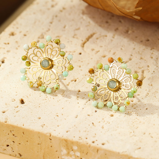 Boucles d'oreilles Dorées Fleur Ajourée et Pierres Jaunâtres