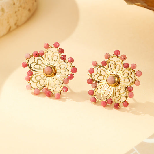 Boucles d'oreilles Dorées Fleur Ajourée et Perles Rose Rhodonite