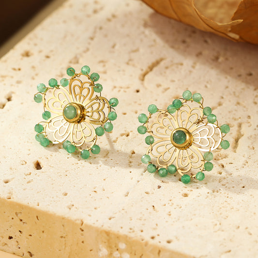 Boucles d'oreilles Dorées Fleur Ajourée et Perles Verte Aventurine