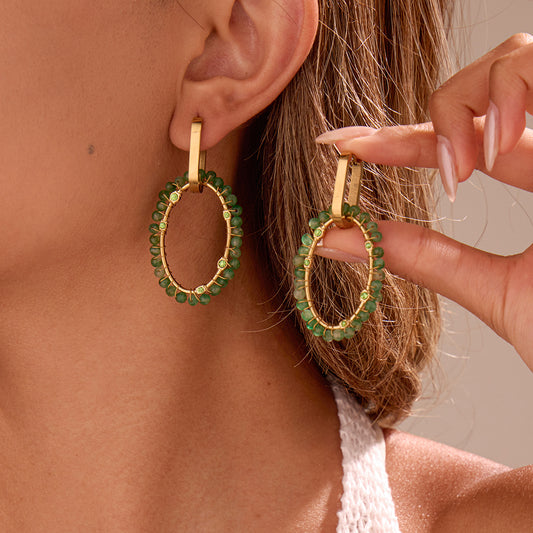 Boucles d'oreilles Créoles Dorées Ovale Tissé de Pierres Roses et Strass