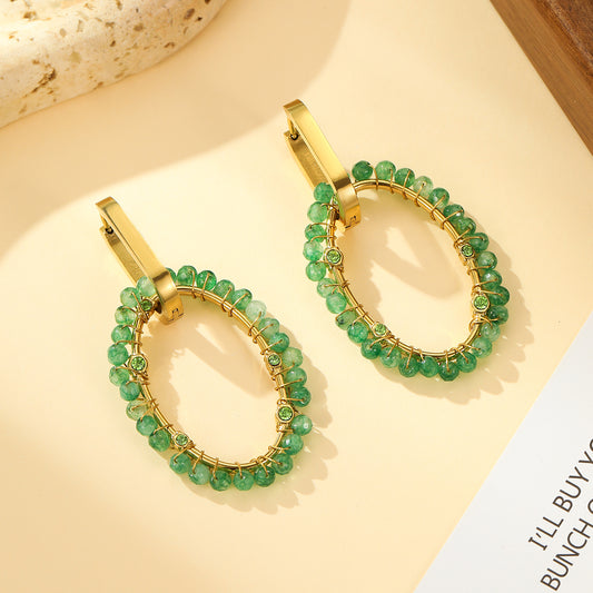 Boucles d'oreilles Créoles Dorées Ovale Tissé de Pierres Vertes et Strass