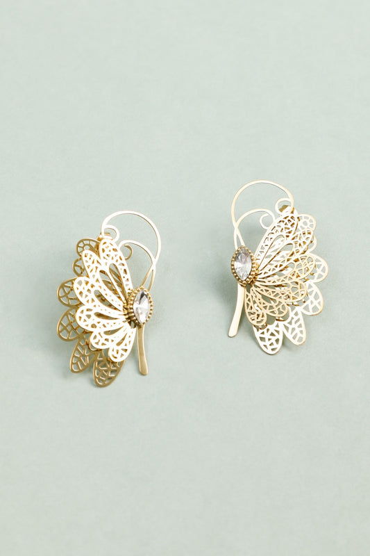 Boucles d'Oreilles Dorées Papillon Féérique Ajouré et Strass