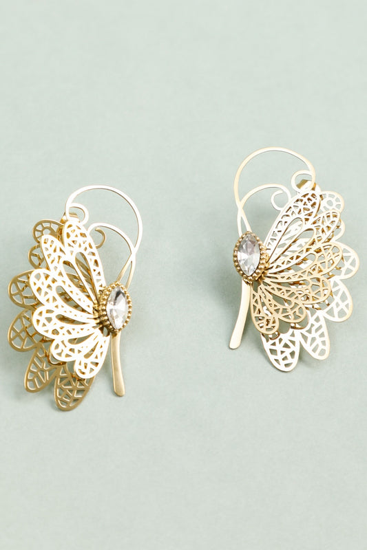 Boucles d'Oreilles Dorées Papillon Féérique Ajouré et Strass