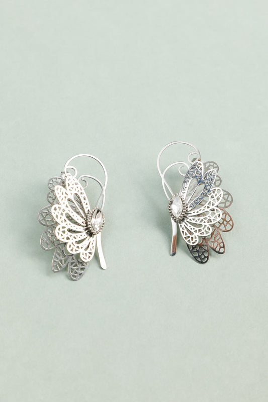 Boucles d'Oreilles Argentées Papillon Féérique Ajouré et Strass