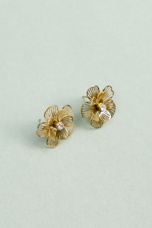 Boucles d'Oreilles Dorées Fleur Ajourée Strass Central