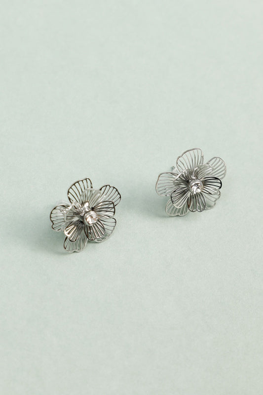 Boucles d'Oreilles Argentées Fleur Ajourée Strass Central