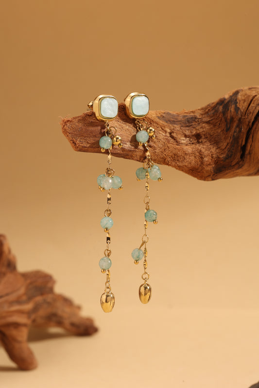 Boucles d'Oreilles Pendantes Dorées Avec Cabochon Turquoise, Chaîne Cristaux Et Motif Fleur Tulipe