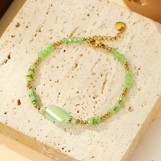 Bracelet Perles Vertes Anis et Dorées Avec Pierre Facettée Centrale