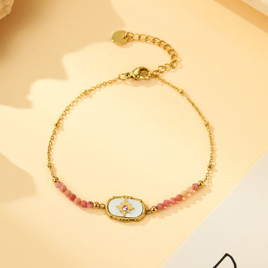 Bracelet Doré Médaillon Étoile Strass et Pierres Rhodonite